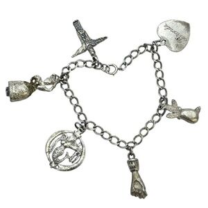 Vintage Silver Multi Charm Bracelet | Heart, Mermaid, Glove Hand, Cross, & More